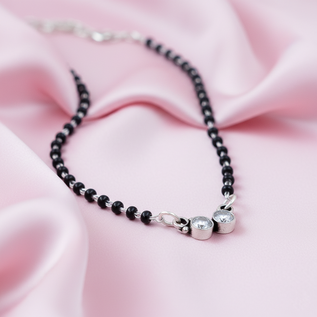 Classic Dual-CZ Black Bead Silver Mangalsutra