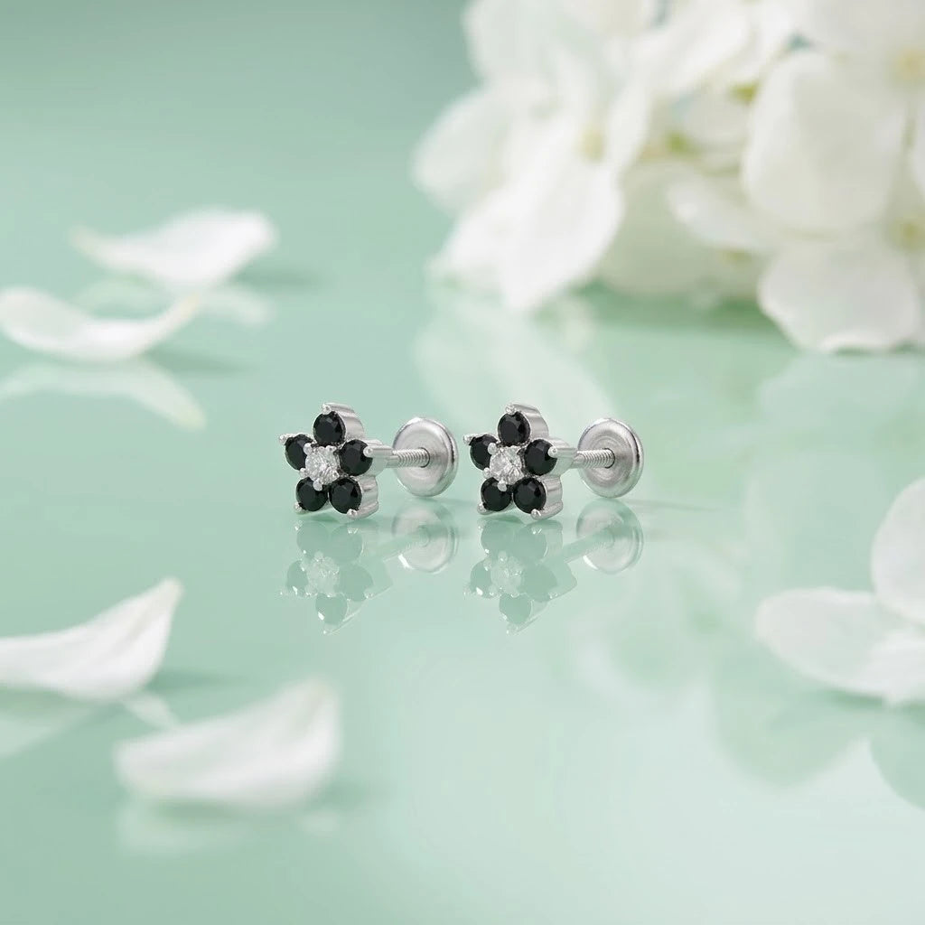 Classic Flower Design Black Stone Silver Earrings