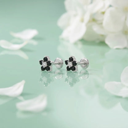 Classic Flower Design Black Stone Silver Earrings
