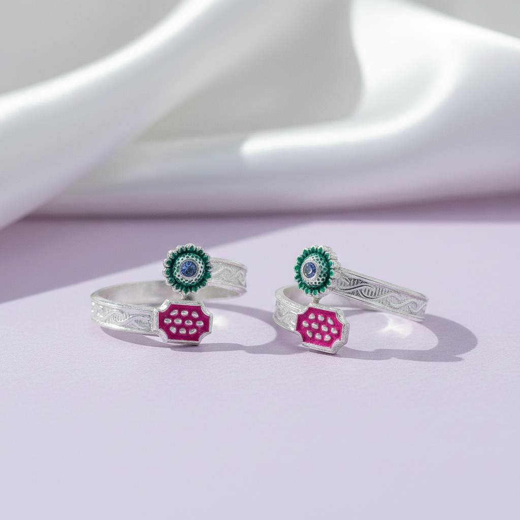 Classic Indian Enamel Work Silver Toe Ring(Bichiya)