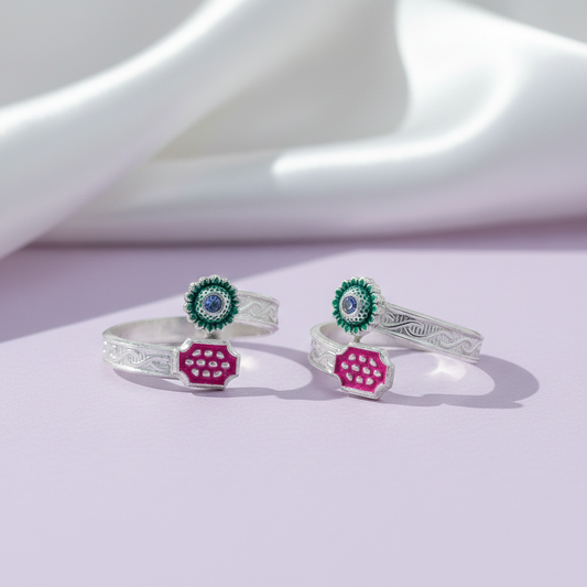 Classic Indian Enamel Work Silver Toe Ring(Bichiya)