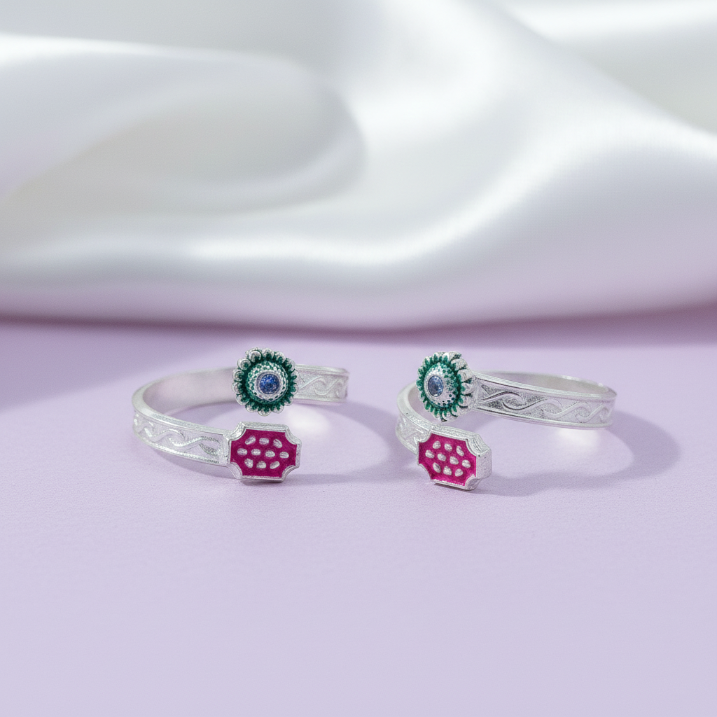 Classic Indian Enamel Work Silver Toe Ring(Bichiya)