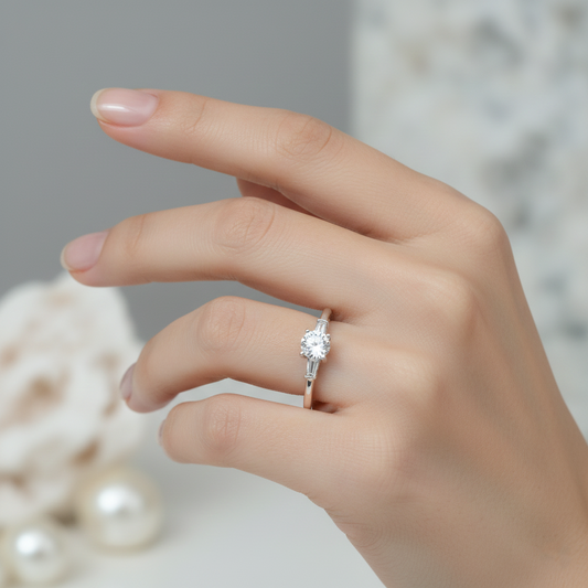 Classic Silver Ring with Brilliant White Diamond-Shaped Stone.