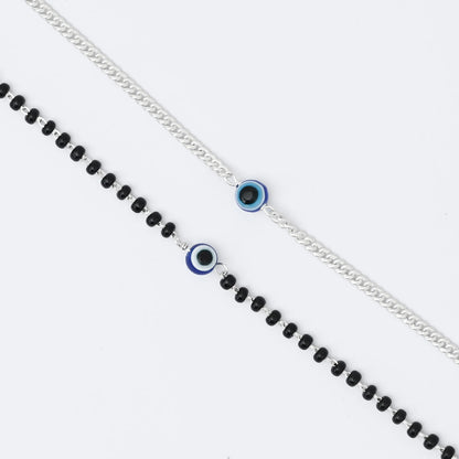 Couple Evil Eye Bracelets Silver Chain & Black Beads
