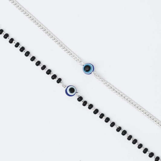 Couple Evil Eye Bracelets Silver Chain & Black Beads
