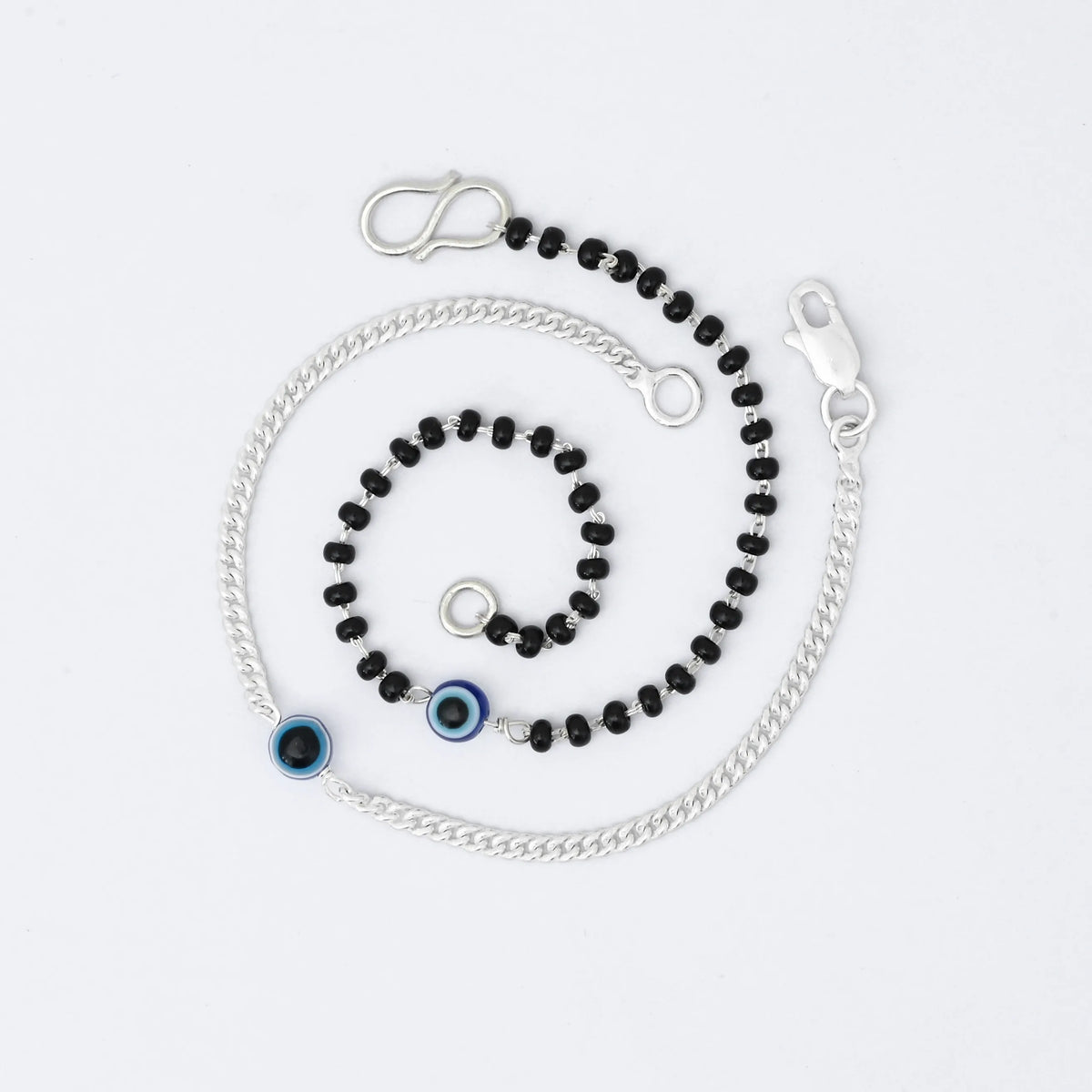 Couple Evil Eye Bracelets Silver Chain & Black Beads
