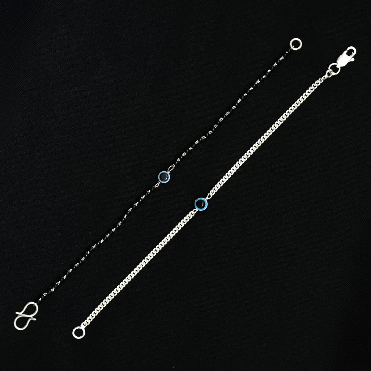 Couple Evil Eye Bracelets Silver Chain & Black Beads
