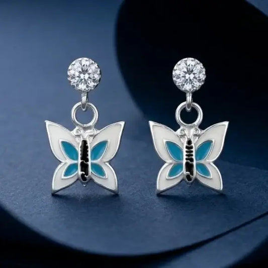Cute Butterfly Charm Earrings with Crystal Stud