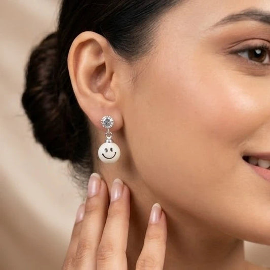 Women's Smiley Face Drop Earrings with Polished Silver Finish