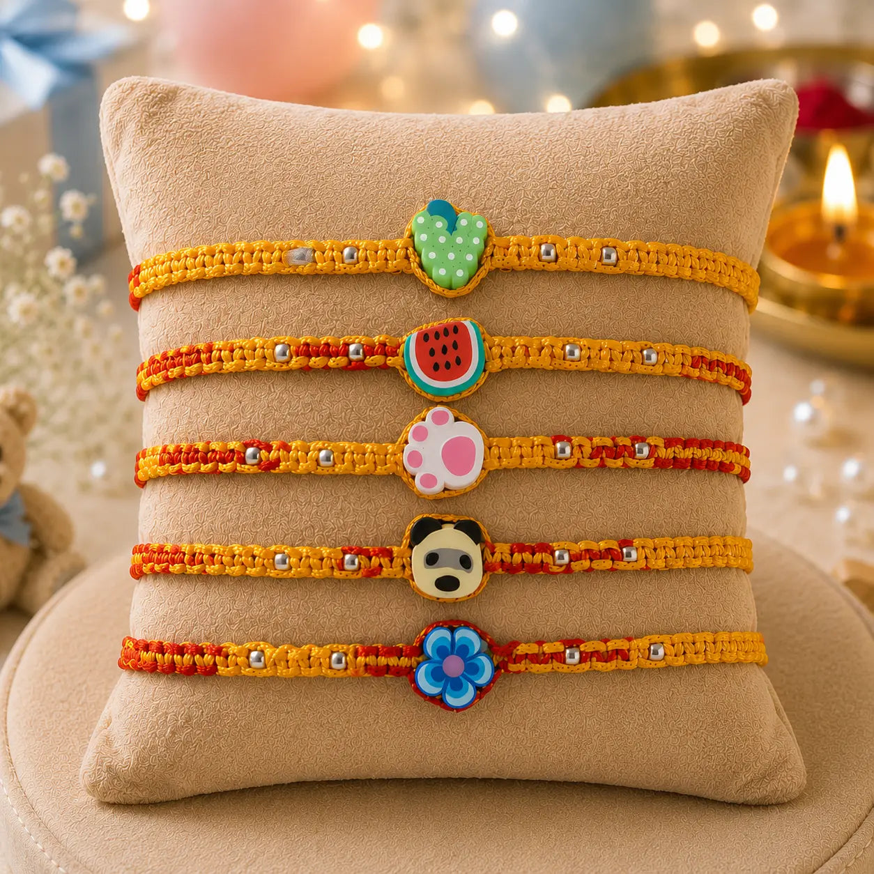 Colorful kids Rakhi set of 5 with cartoon panda, watermelon, flower and paw design displayed on beige cushion with festive diya background