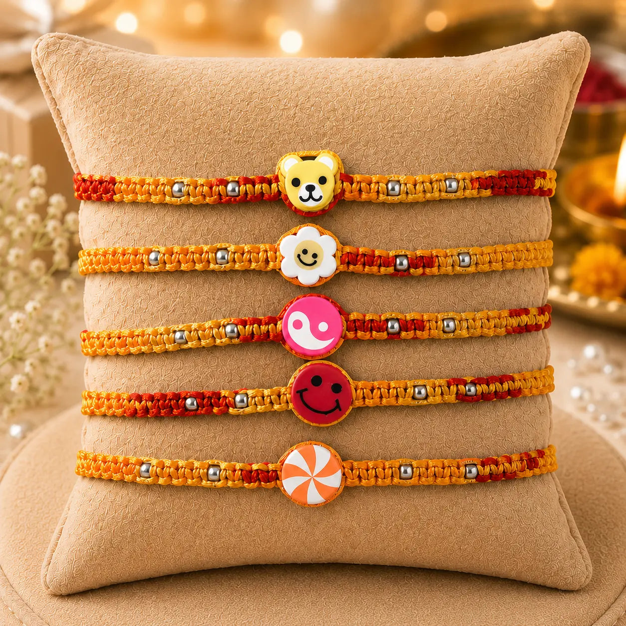 Colorful kids Rakhi set of 5 with cartoon panda, watermelon, flower and paw design displayed on beige cushion with festive diya background