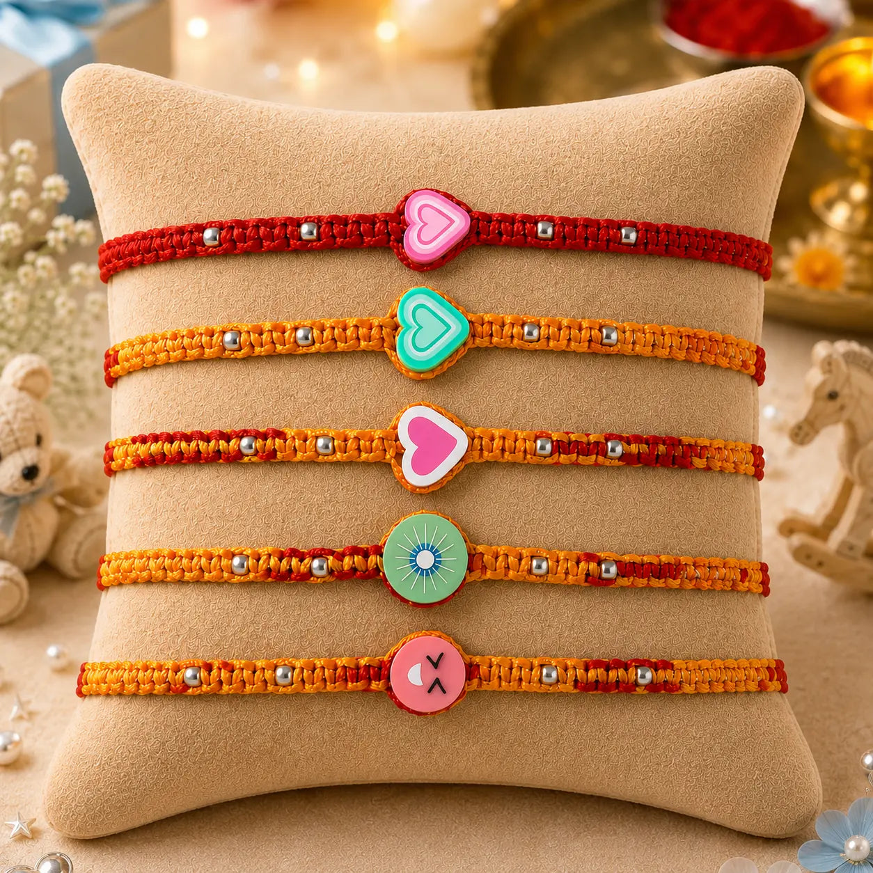 Colorful kids Rakhi set of 5 with cartoon panda, watermelon, flower and paw design displayed on beige cushion with festive diya background