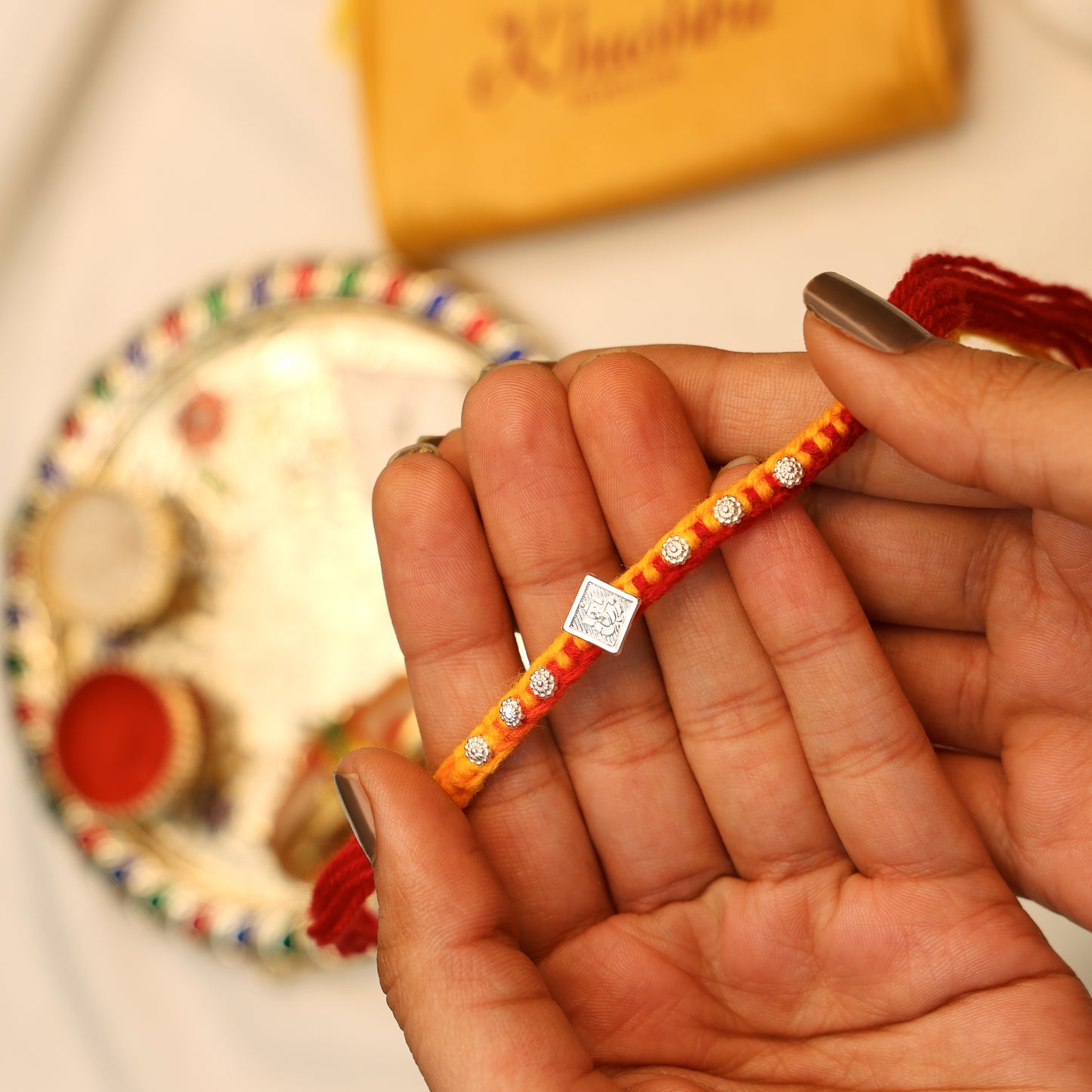 Square Motif Ganesh Silver Rakhi