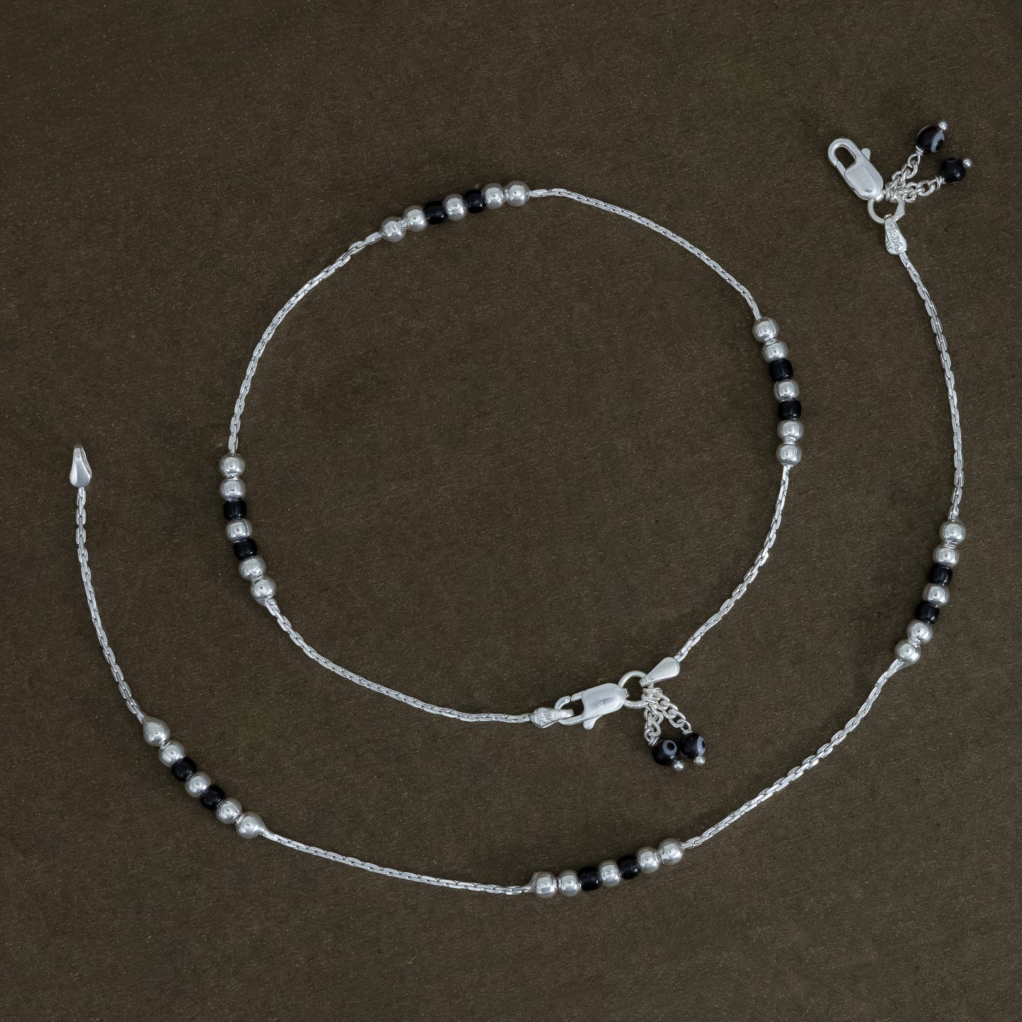 Noir Bead Silver Anklet with Black Beads