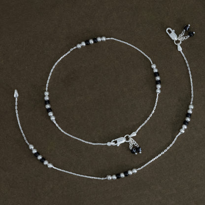 Noir Bead Silver Anklet with Black Beads