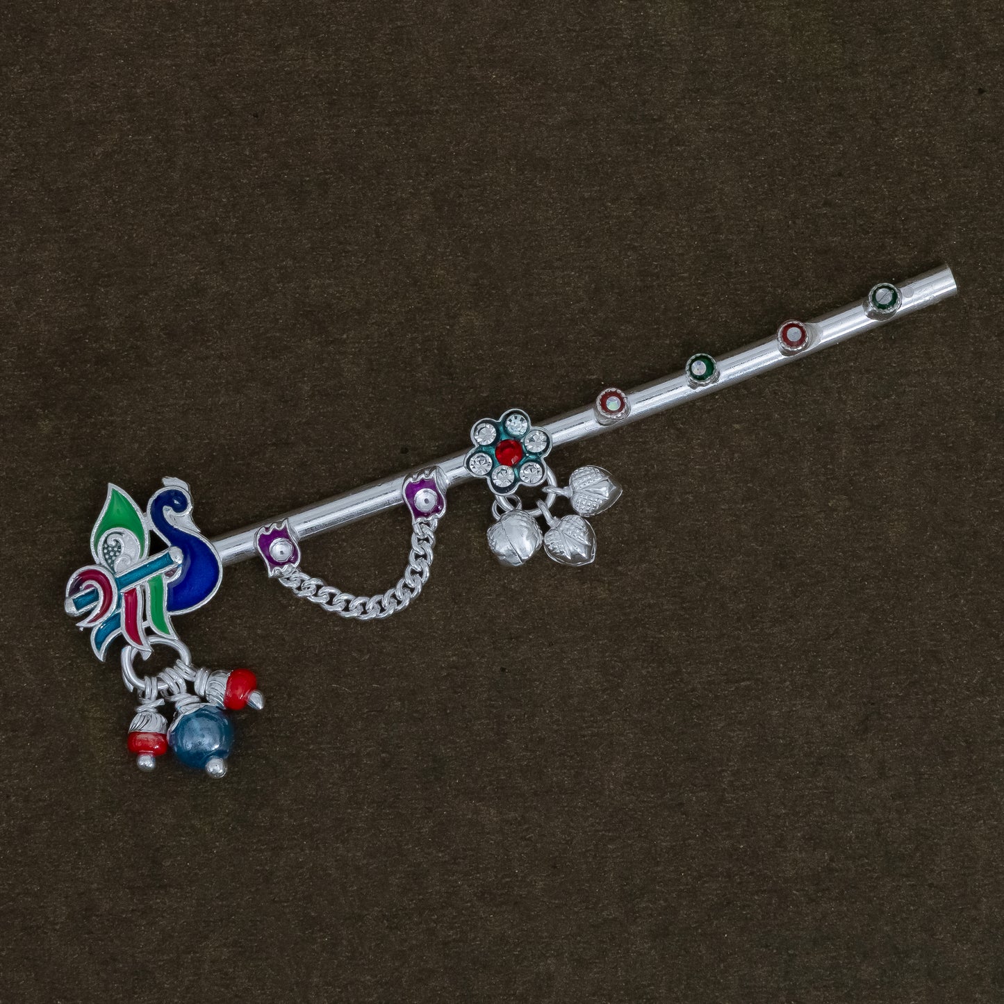 Peacock Inspired Silver Flute Divine Krishna with Beads & Charms