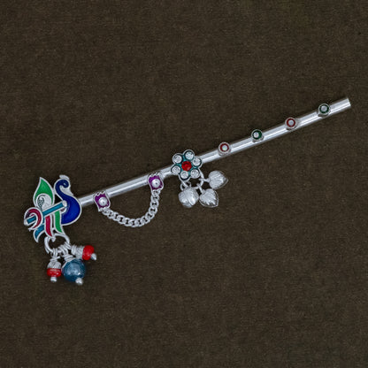 Peacock Inspired Silver Flute Divine Krishna with Beads & Charms