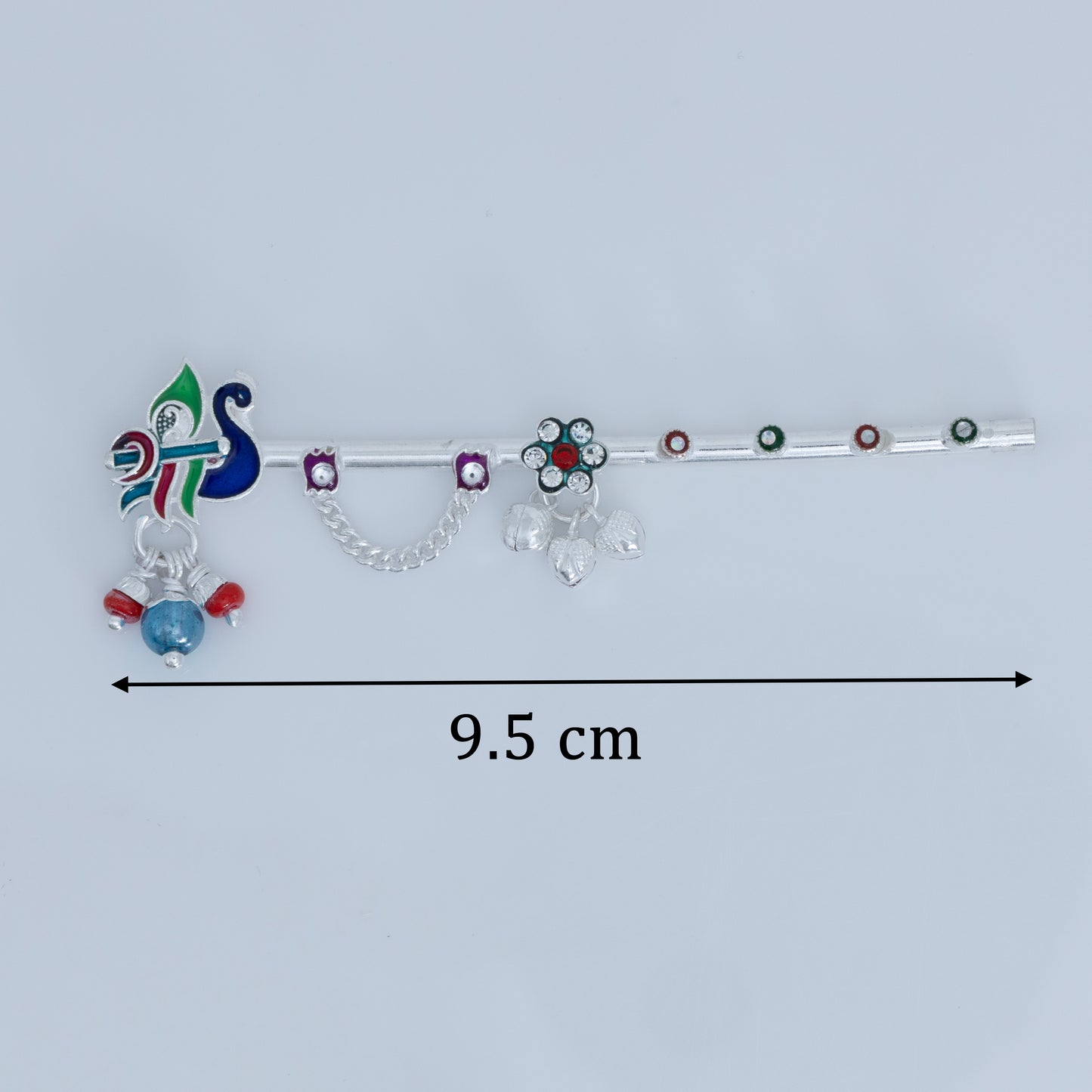 Peacock Inspired Silver Flute Divine Krishna with Beads & Charms