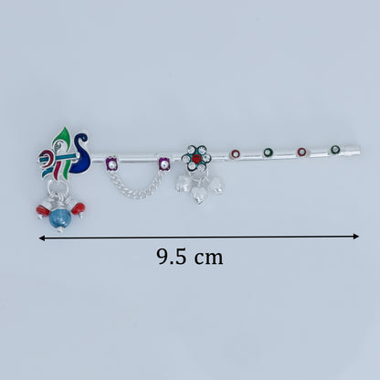 Peacock Inspired Silver Flute Divine Krishna with Beads & Charms