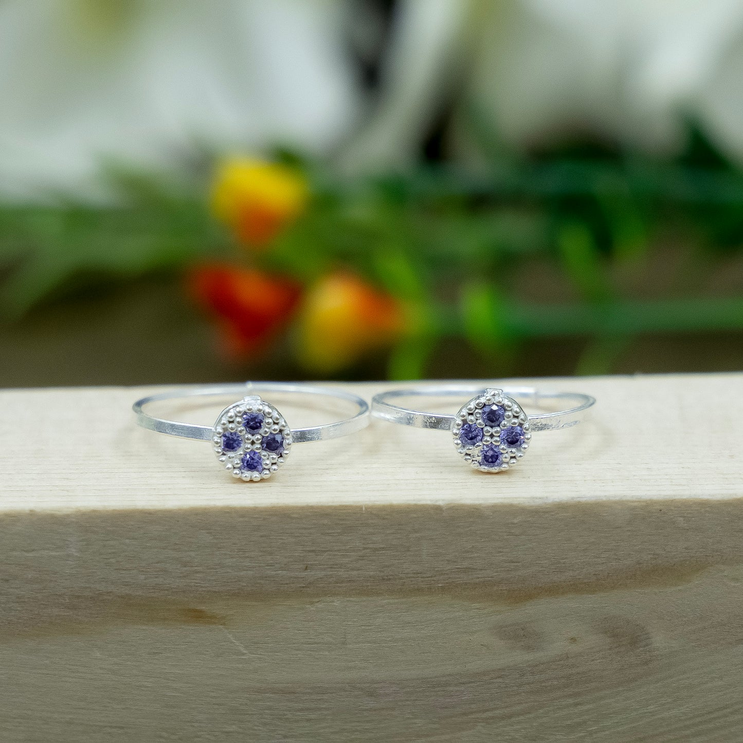 Silver Toe Rings Adjustable Floral Stone