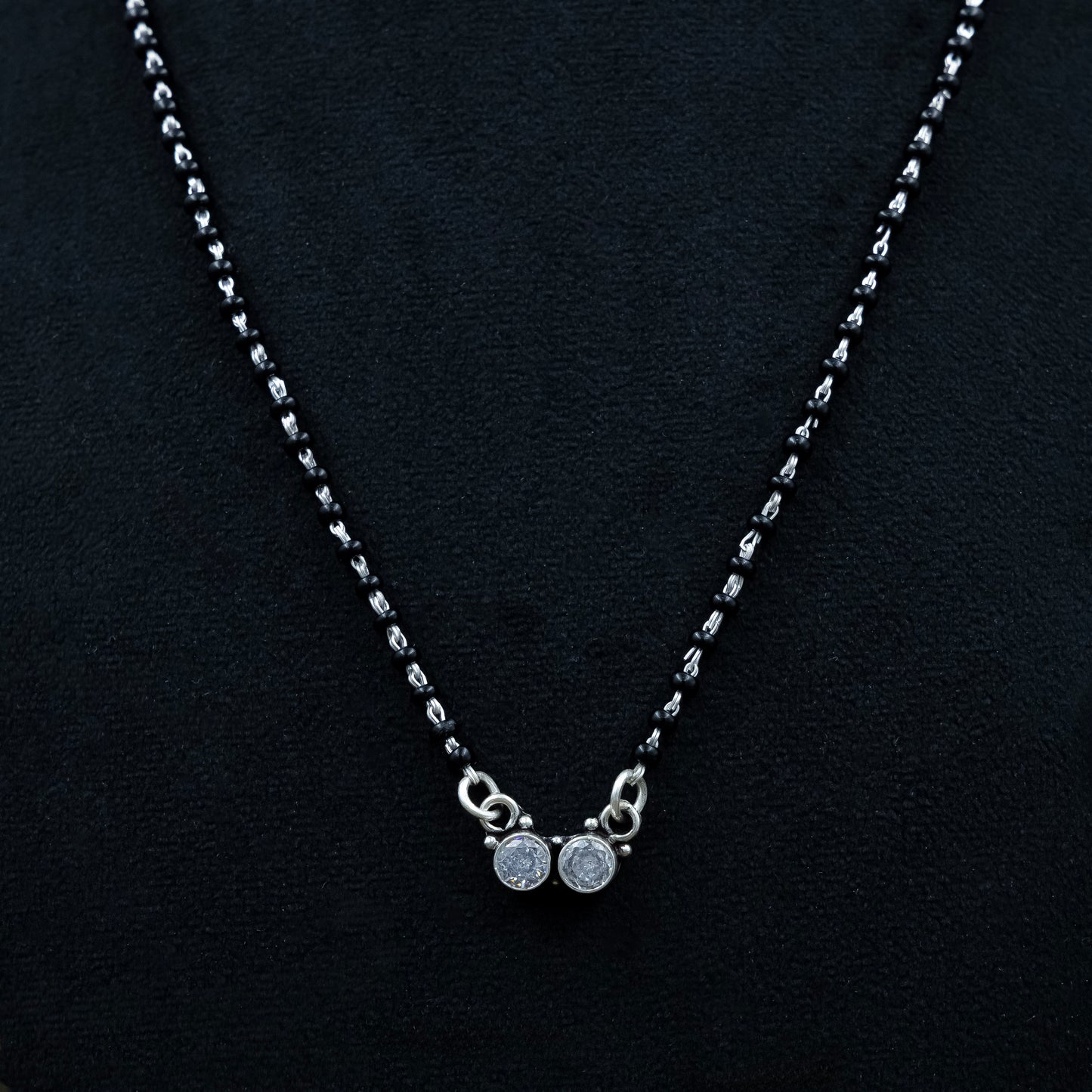 Classic Dual-CZ Black Bead Silver Mangalsutra