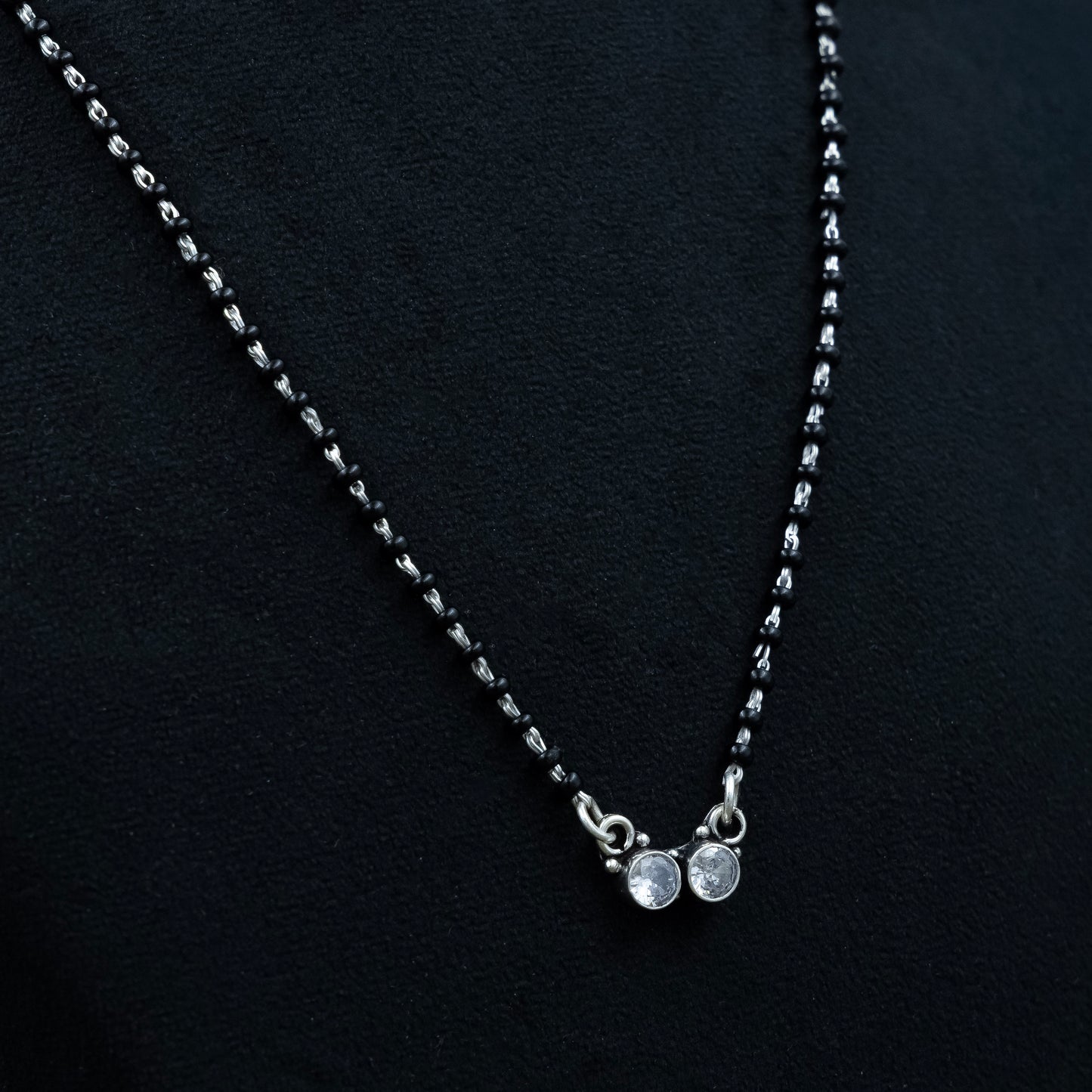 Classic Dual-CZ Black Bead Silver Mangalsutra