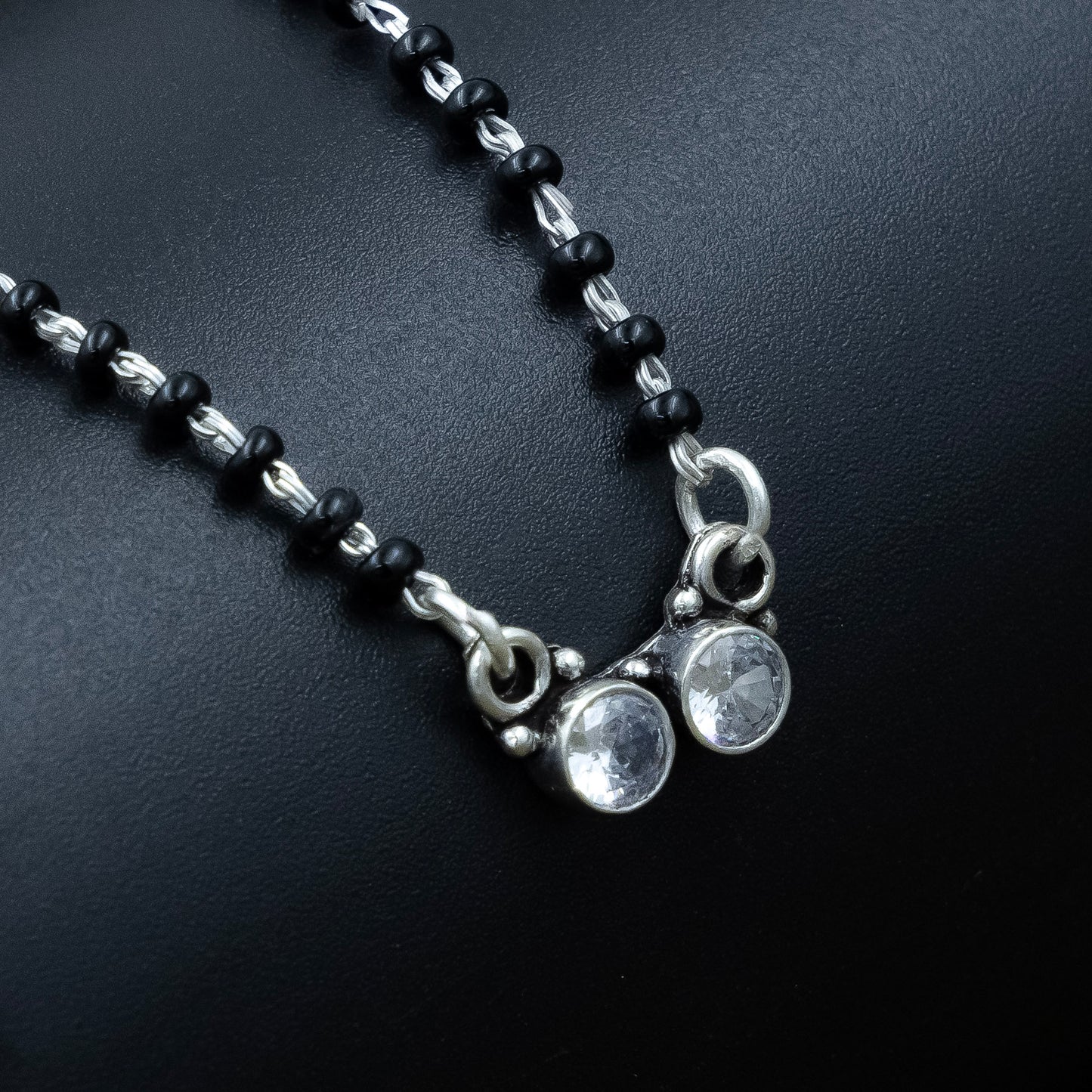 Classic Dual-CZ Black Bead Silver Mangalsutra