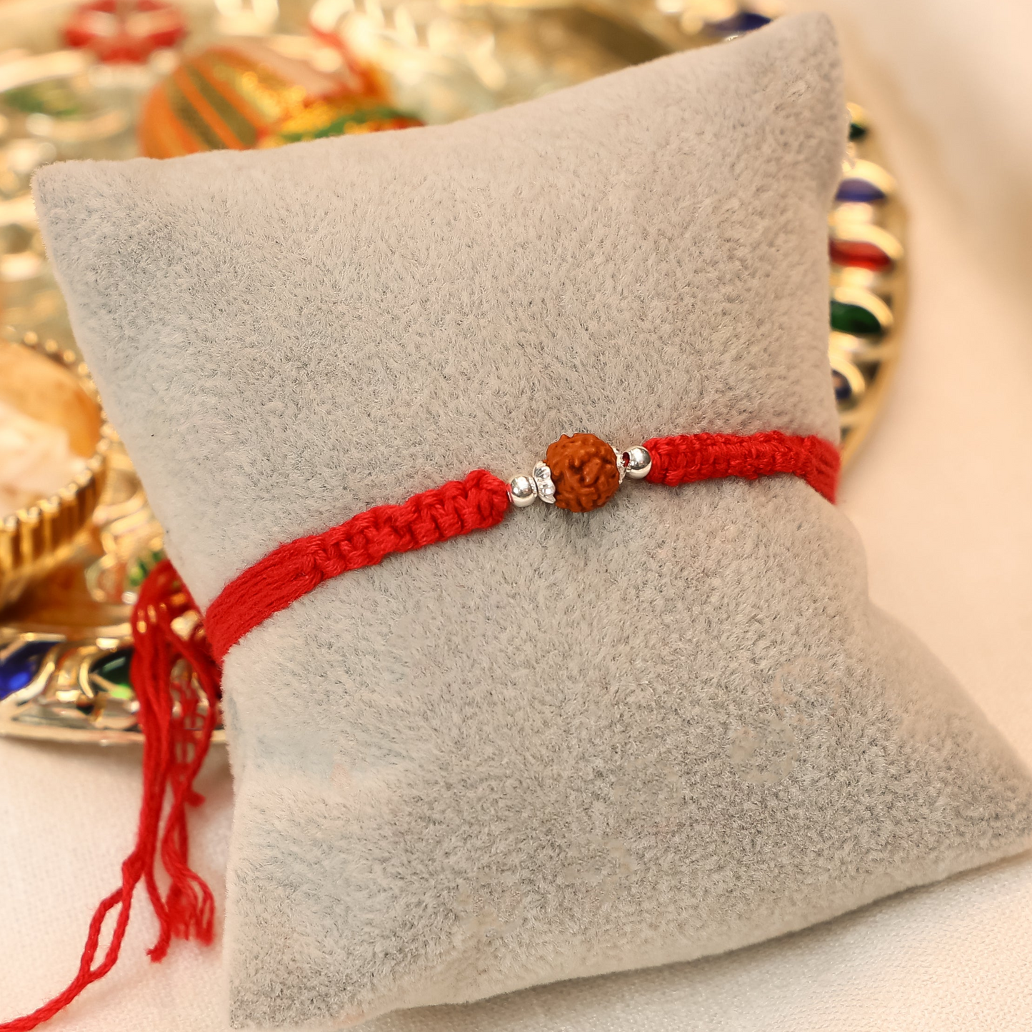 Silver Rakhi for Brother Rudraksha & Bud Accents
