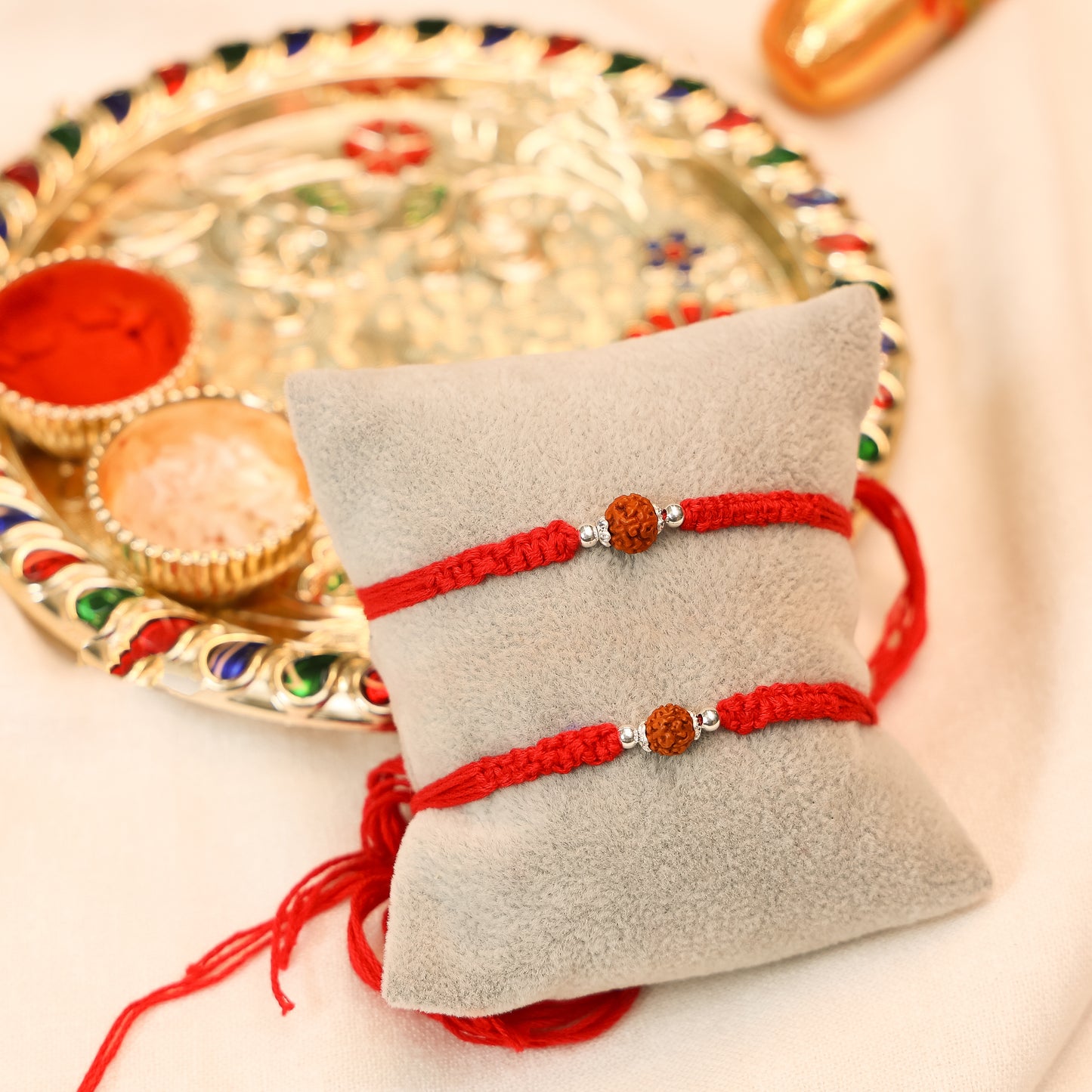 Silver Rakhi for Brother Rudraksha & Bud Accents