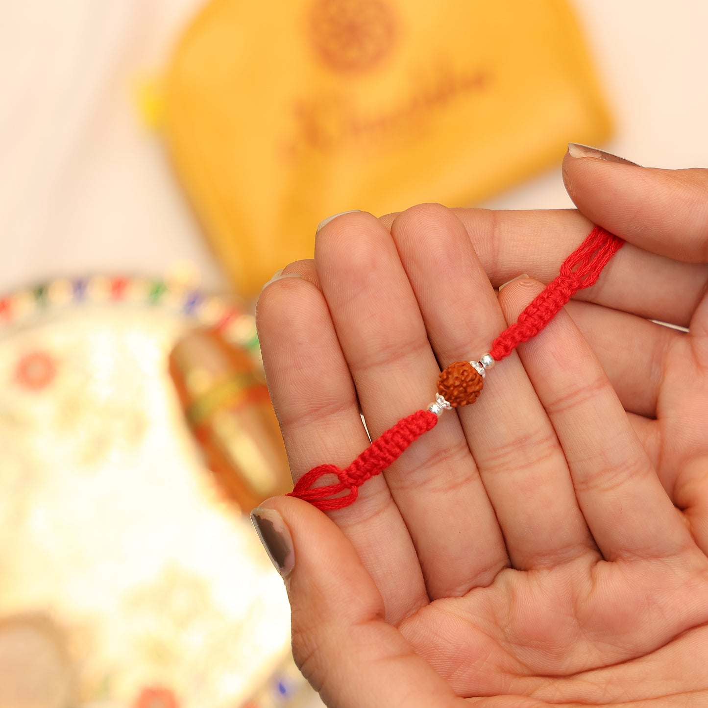 Silver Rakhi for Brother Rudraksha & Bud Accents
