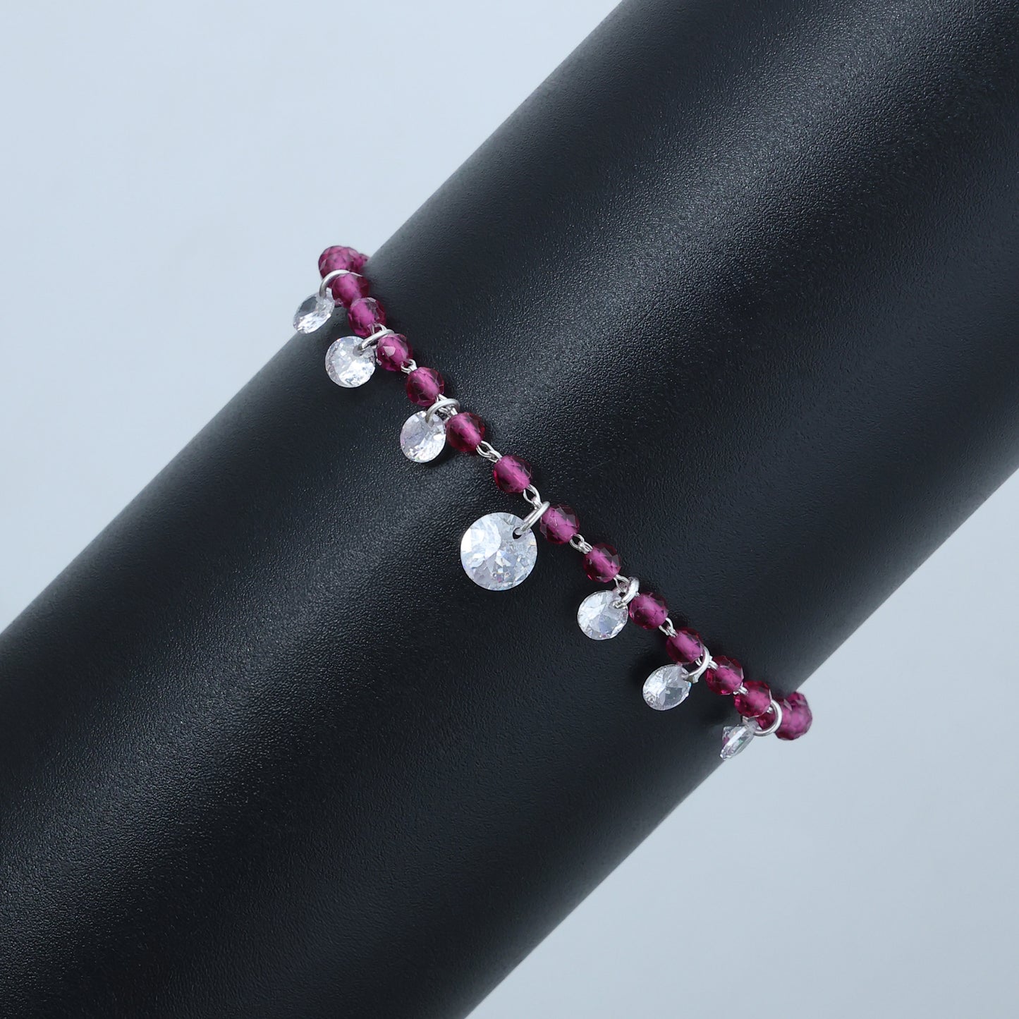 Baby Pink Beads Silver Bracelet with Drops