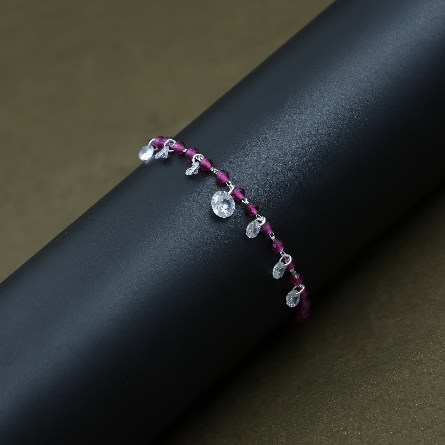 Baby Pink Beads Silver Bracelet with Drops