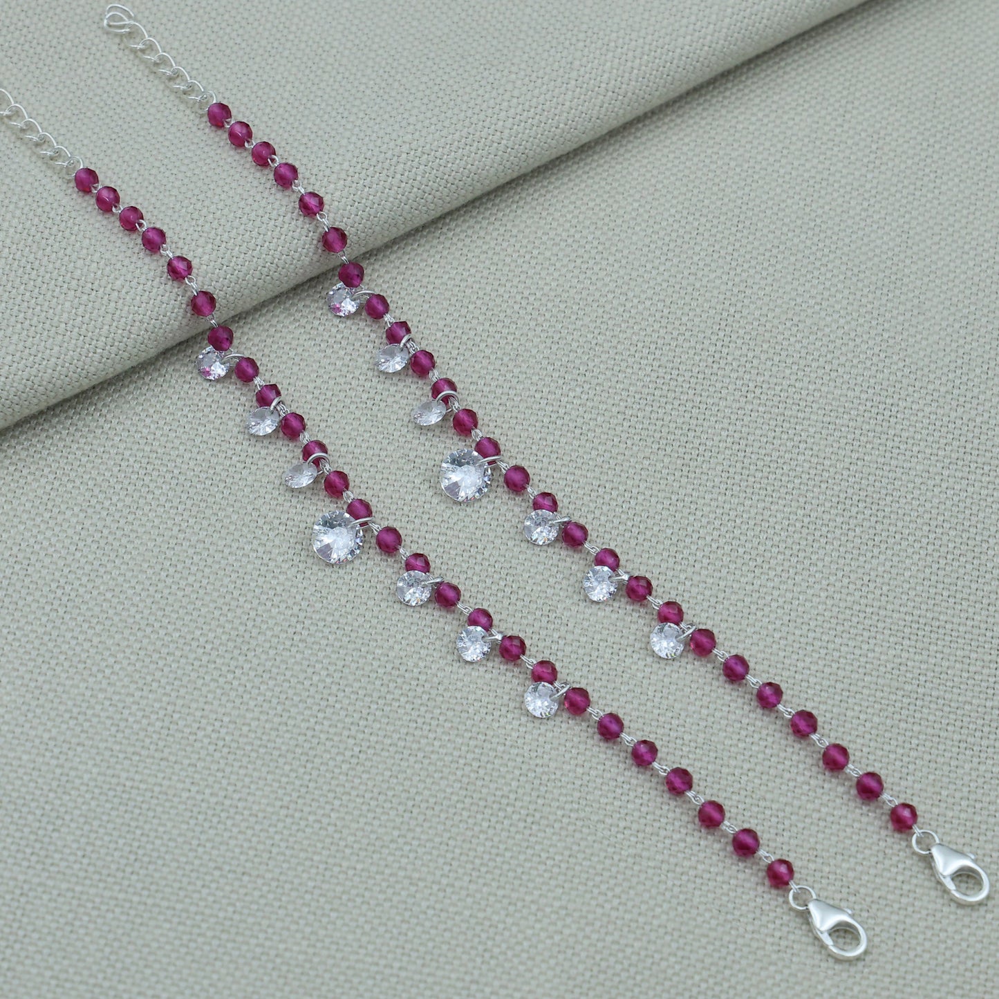 Baby Pink Beads Silver Bracelet with Drops