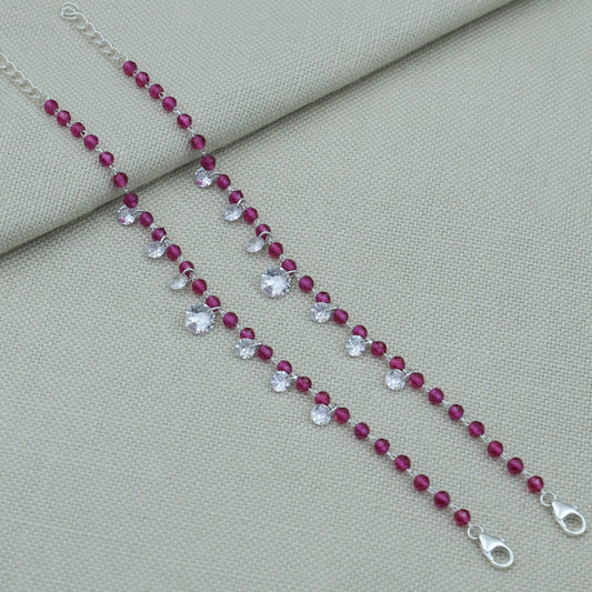 Baby Pink Beads Silver Bracelet with Drops