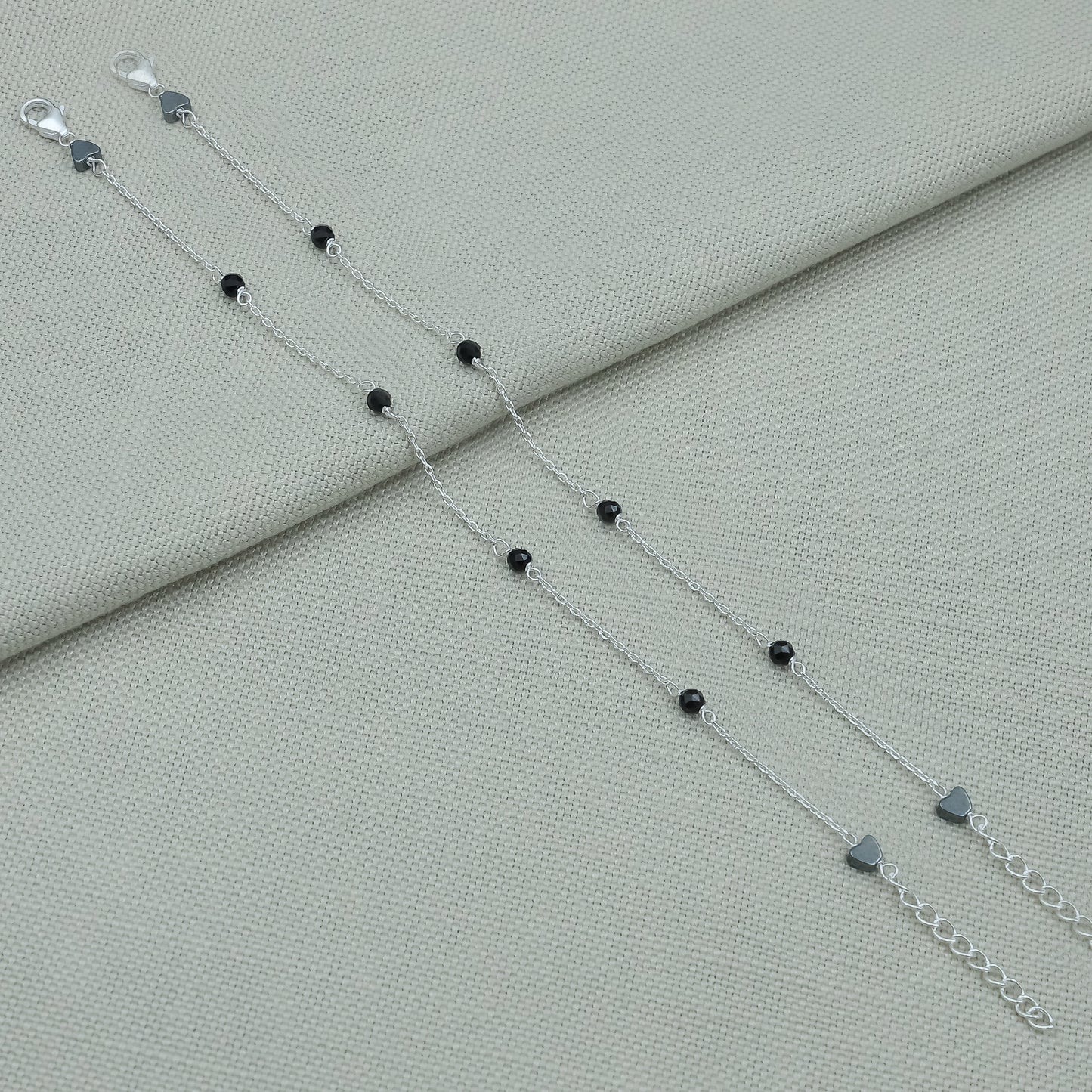 Kids Black Beads Chain Link Silver Bracelet