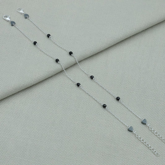 Kids Black Beads Chain Link Silver Bracelet