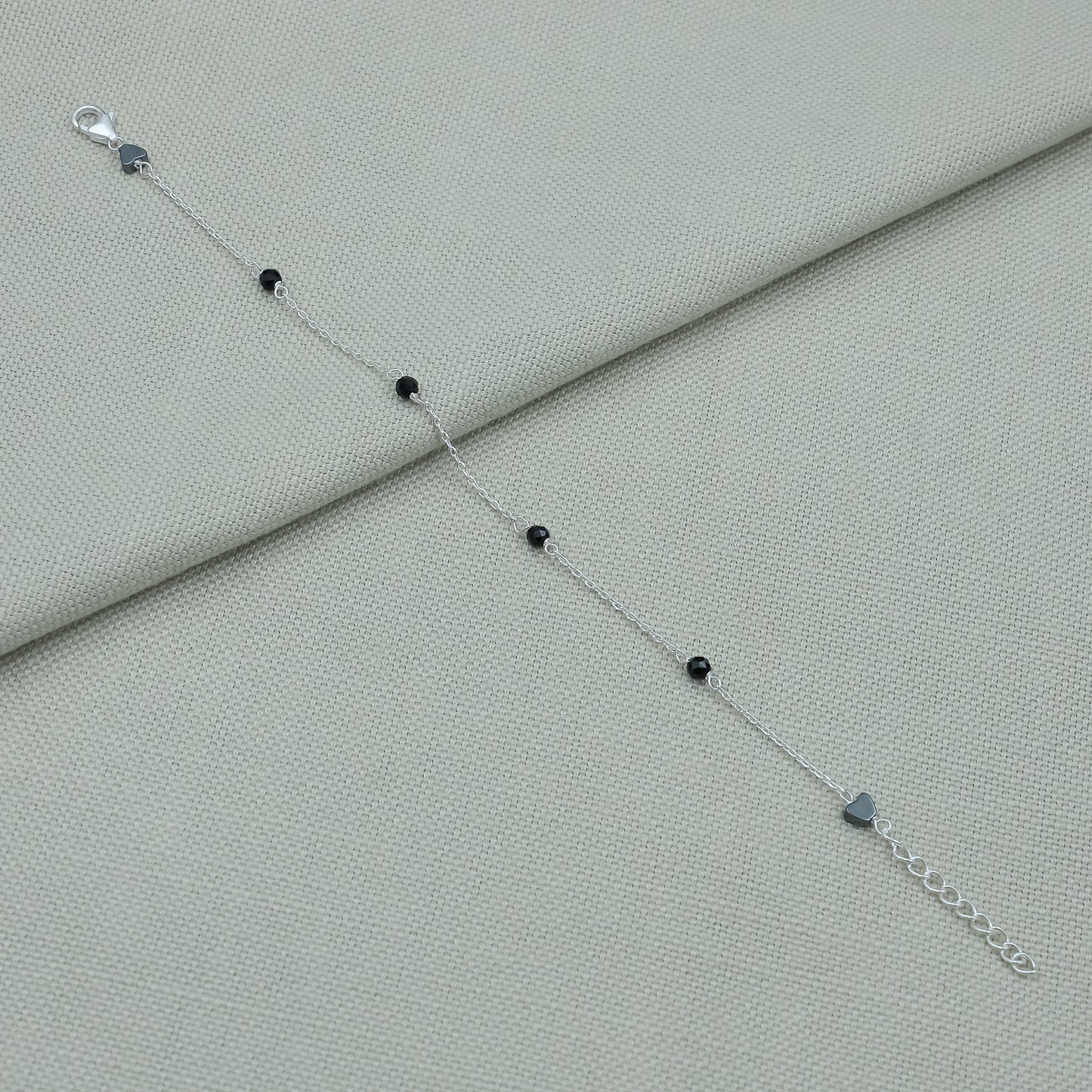 Kids Black Beads Chain Link Silver Bracelet