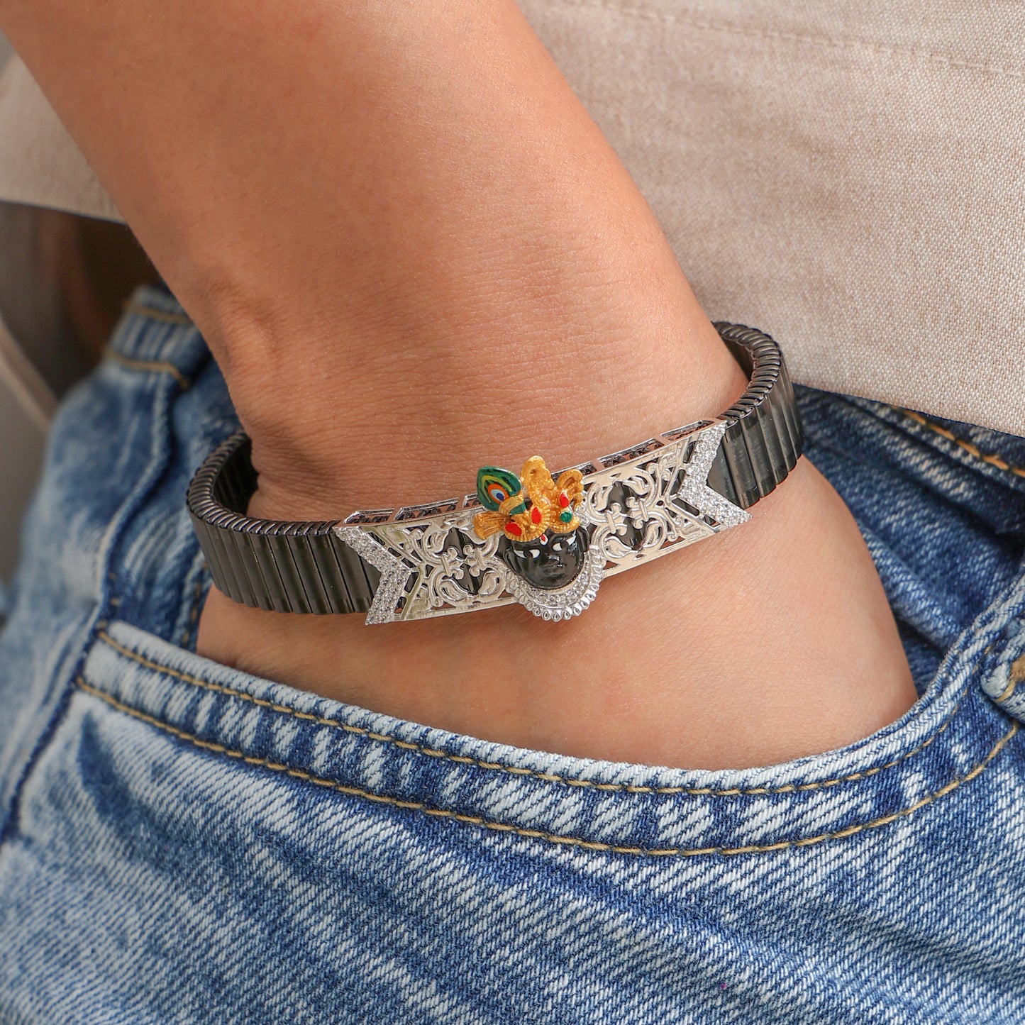 Silver Krishna Gold Mukut Bracelet