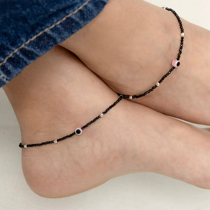 Pink Buds Evil Eye Silver Anklet