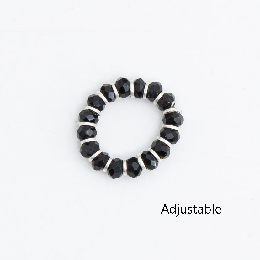 Silver Black Beads Chain Ring