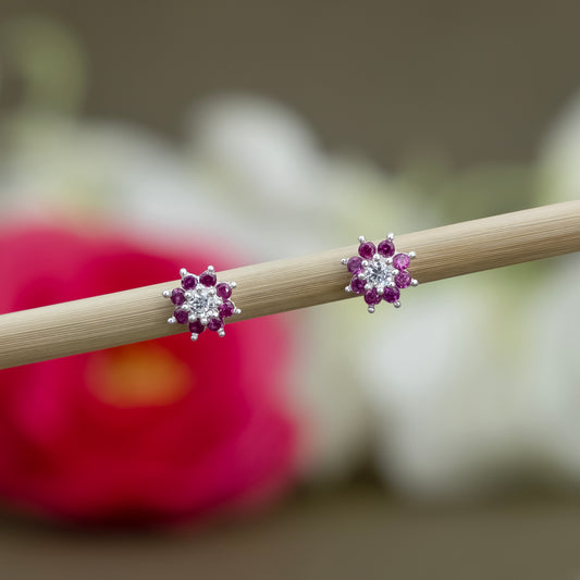Ruby Flower Silver Earring