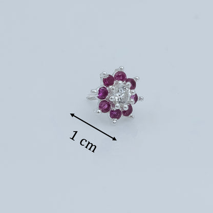 Ruby Flower Silver Earring