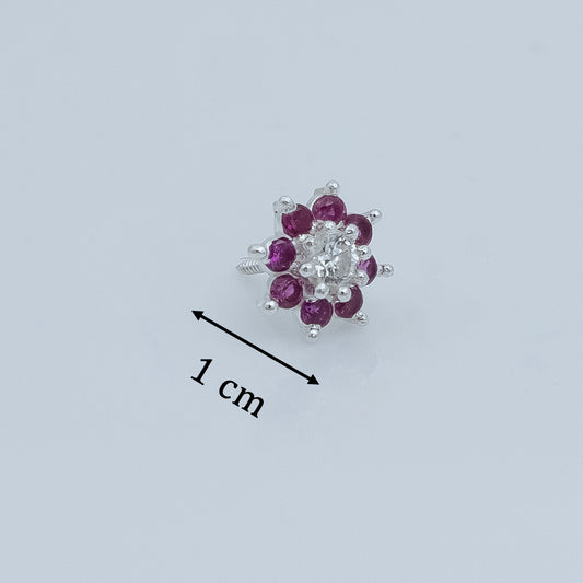 Ruby Flower Silver Earring