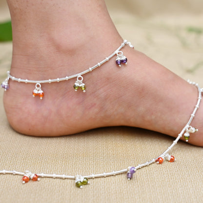 Silver classic 'Majestic Dilemma' payal with purple and orange beads for her