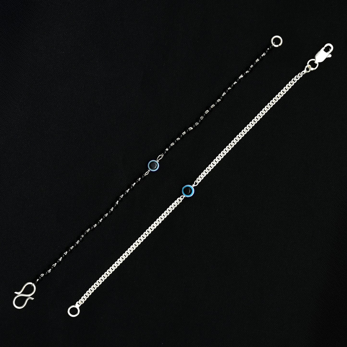 Couple Evil Eye Bracelets Silver Chain & Black Beads