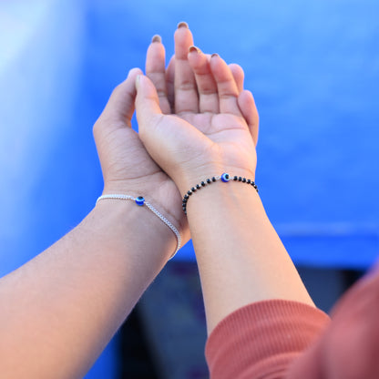 Couple Evil Eye Bracelets Silver Chain & Black Beads