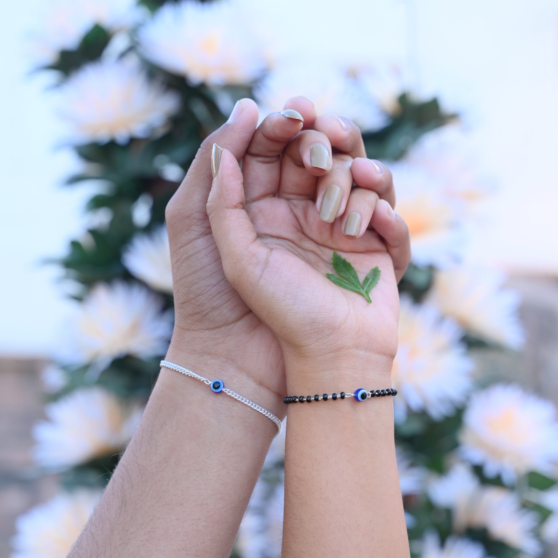 Couple Evil Eye Bracelets Silver Chain Black Beads – Khushbu