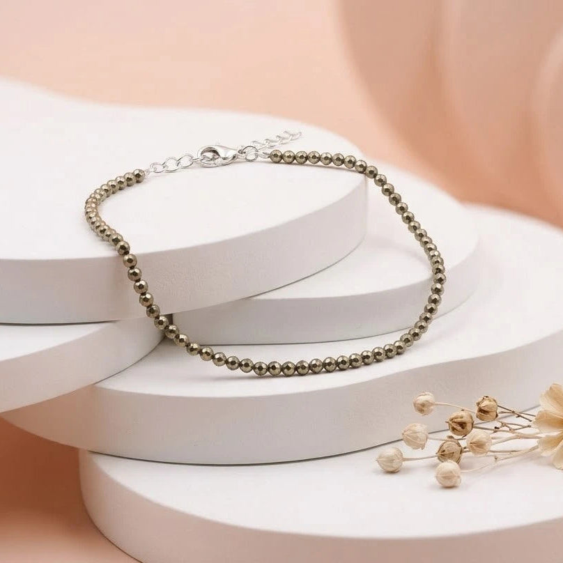 Dainty Faceted Pyrite Silver Anklet