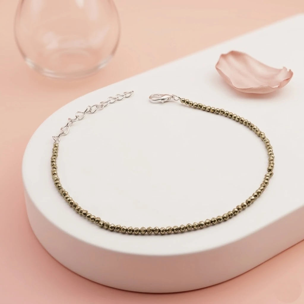 Dainty Faceted Pyrite Silver Anklet