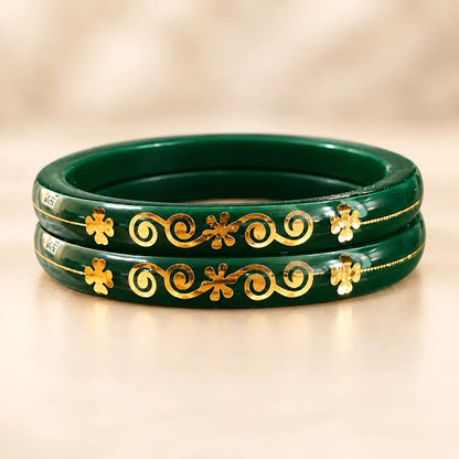 Dark Green Designer Bangles with Elegant Golden Floral & Scroll Motifs